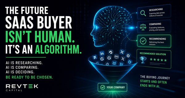 AI-driven SaaS buyer decision-making process with an algorithm evaluating software platforms